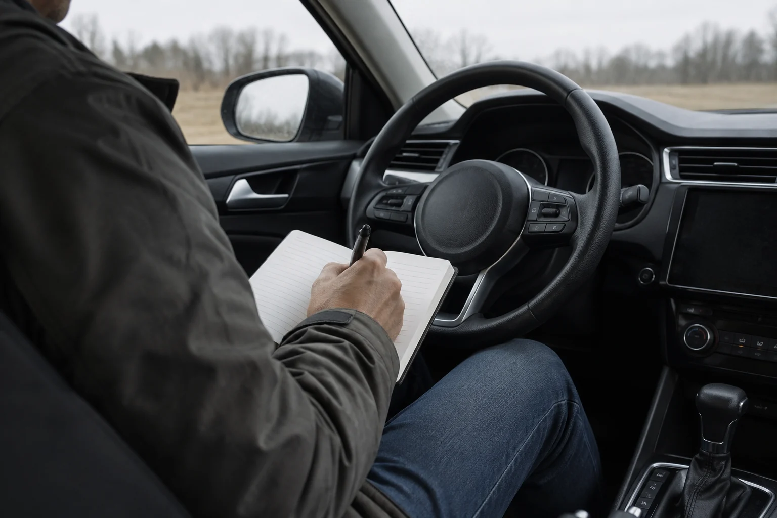 Pastatytame automobilyje sėdintis žmogus užsirašo pastebėjimus į sąsiuvinį.
