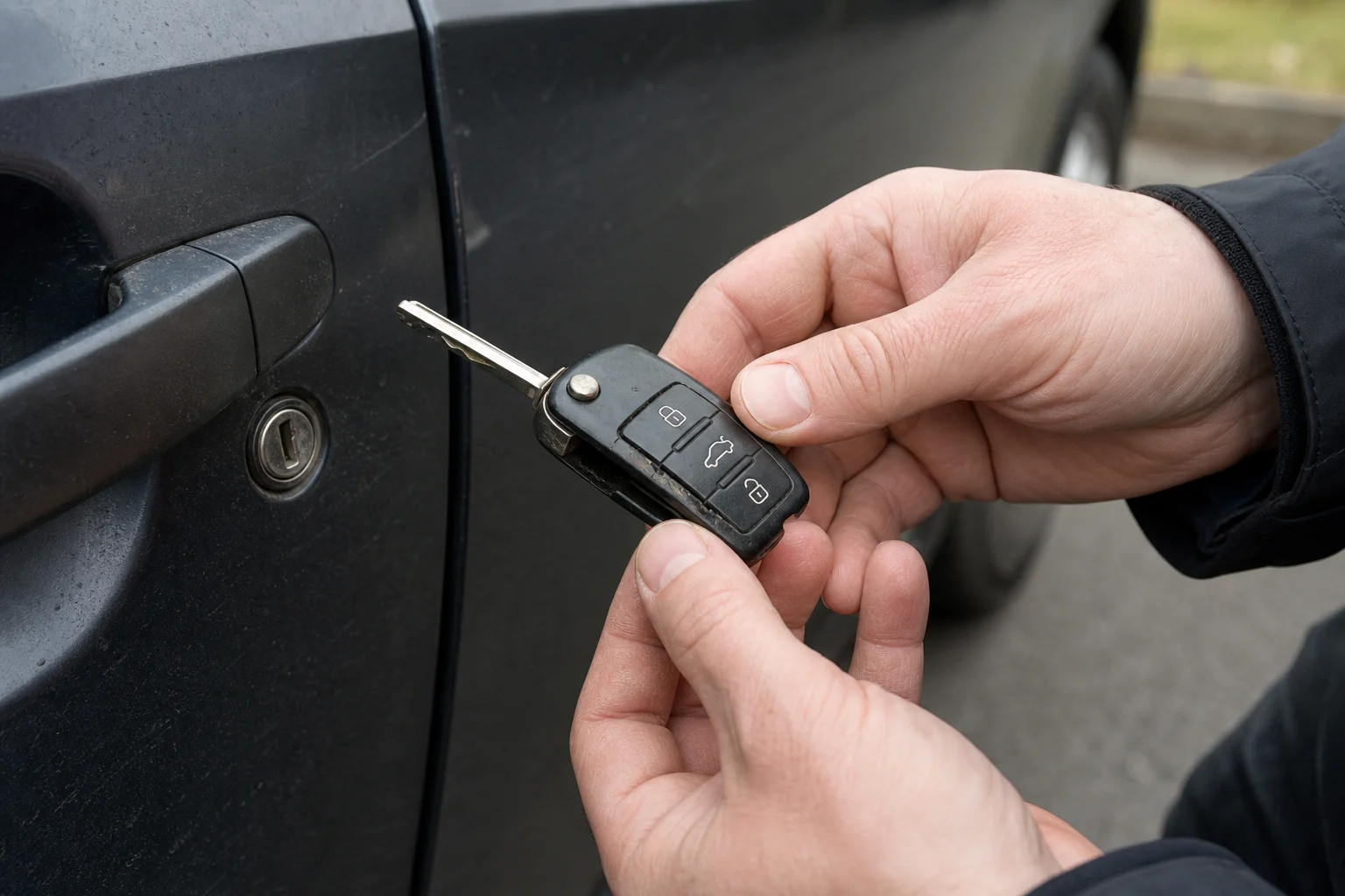 Žmogus apžiūri pažeistą automobilio raktą prie durų spynos.