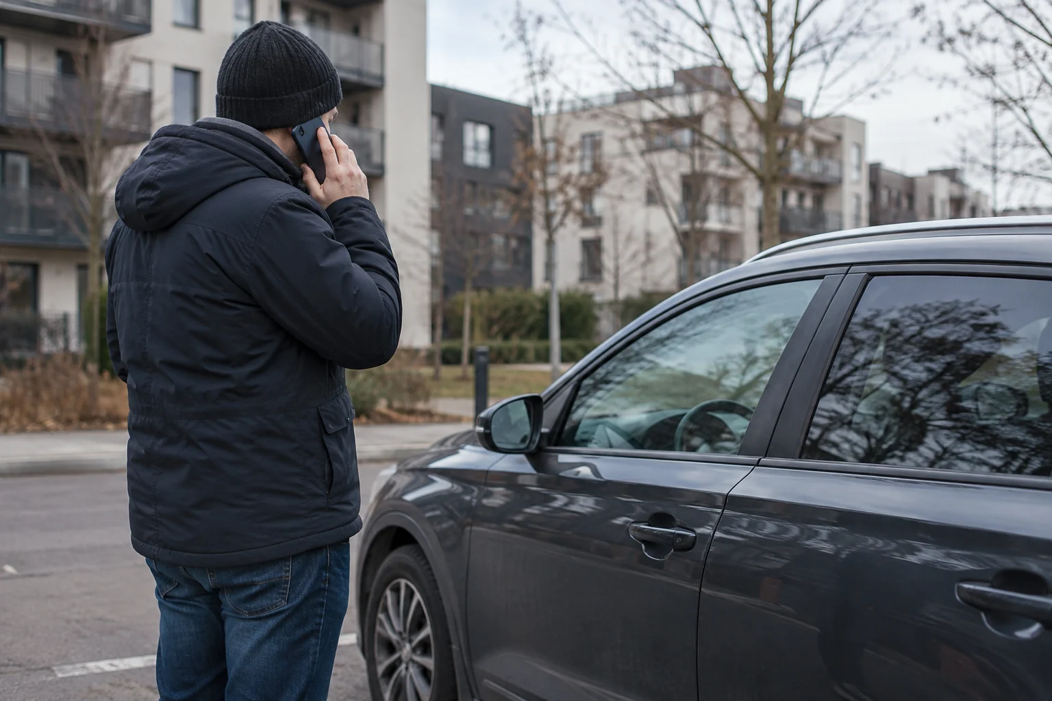 Žmogus kalba telefonu stovėdamas šalia uždaryto automobilio.