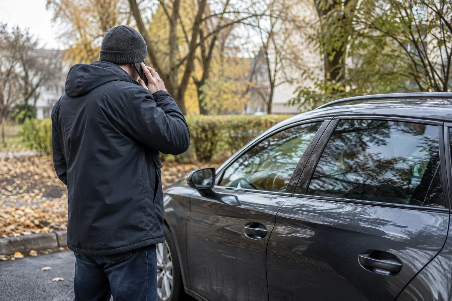 Žmogus kalbasi telefonu stovėdamas šalia automobilio.