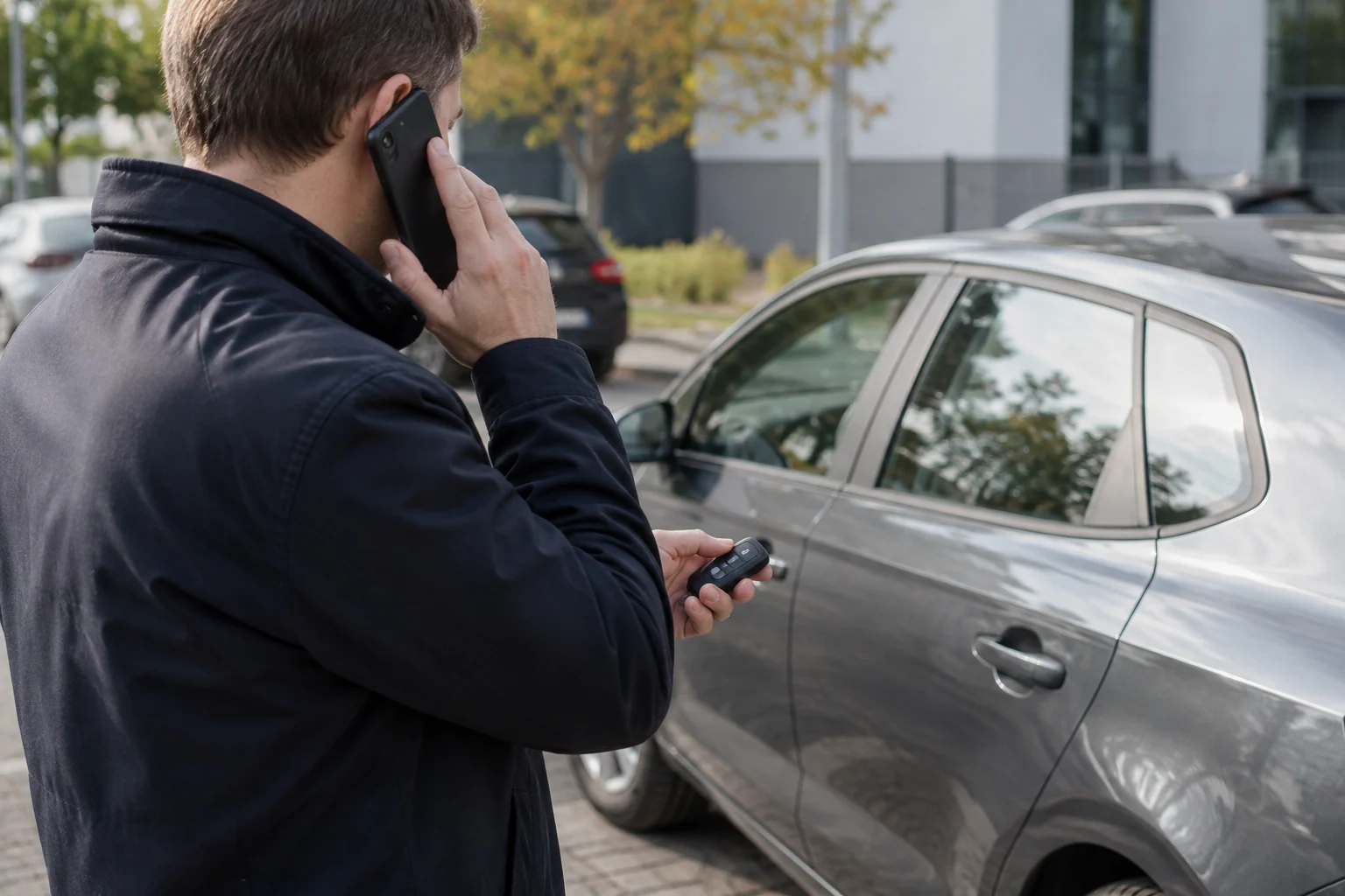 Prie pastatyto automobilio žmogus kalba telefonu ir laiko pultelį.