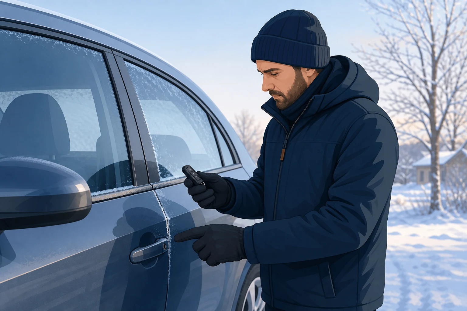 Vairuotojas atsargiai tikrina automobilio raktą ir užstrigusios durų rankenos veikimą šaltu oru