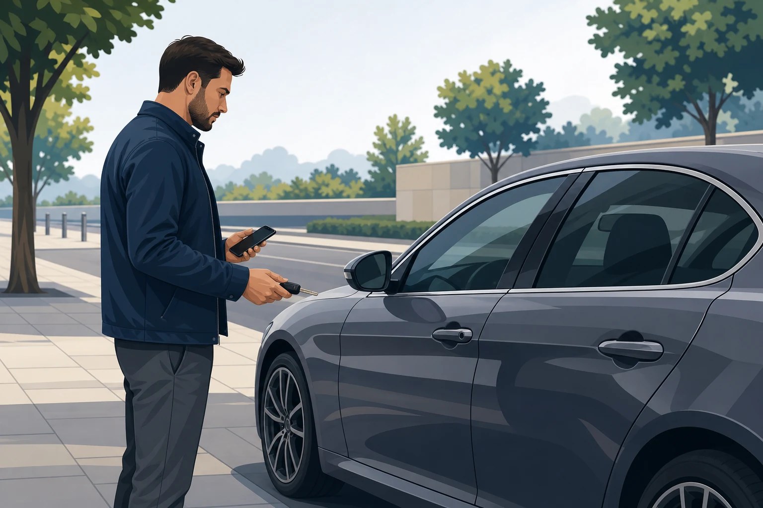 Automobilio savininkas saugiai apžiūri užrakintas automobilio duris, laikydamas raktą ir telefoną, nenaudodamas jėgos ar įrankių.