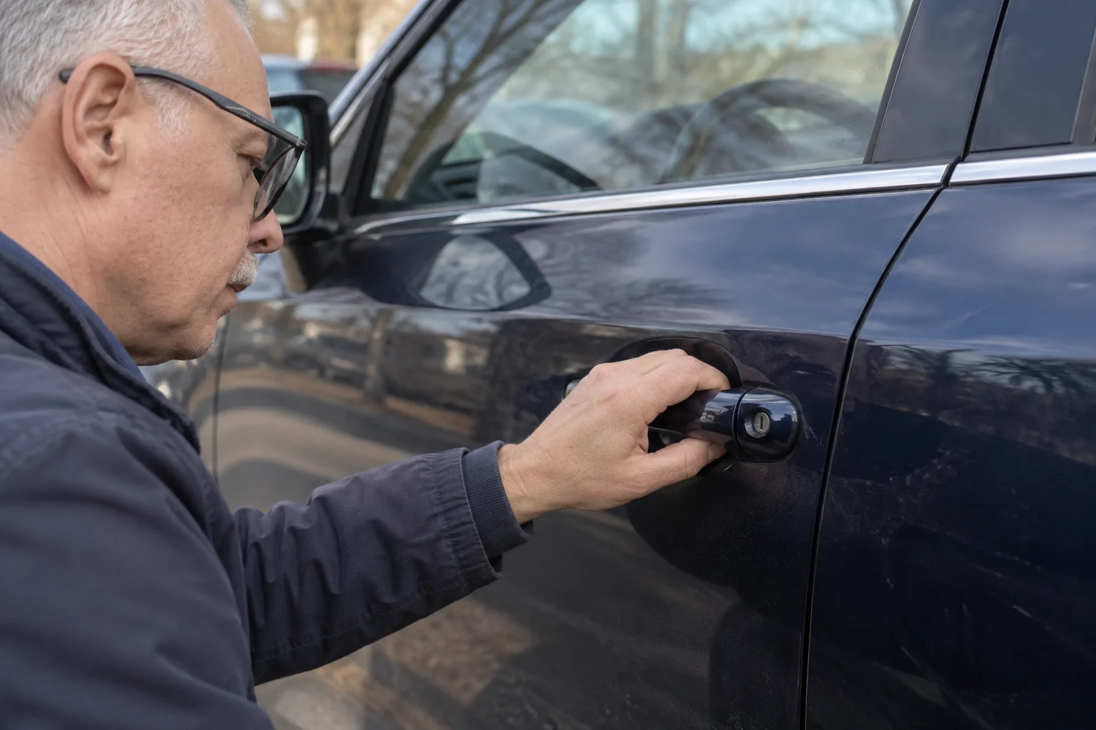 Žmogus atsargiai patikrina uždarytų automobilio durelių rankeną.