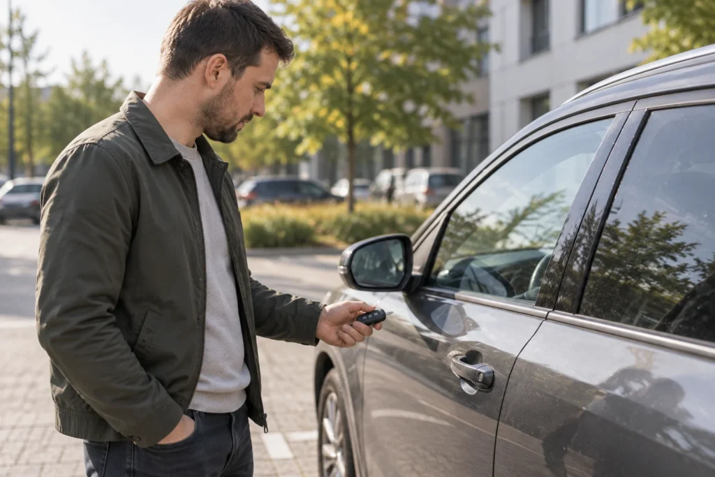 Žmogus su automobilio nuotolinio valdymo raktu stovi prie durelių.