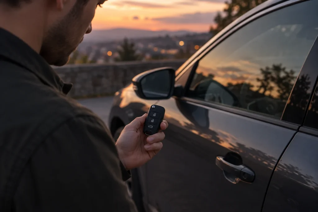 Žmogus prie uždaryto automobilio laiko rakto pultelį.