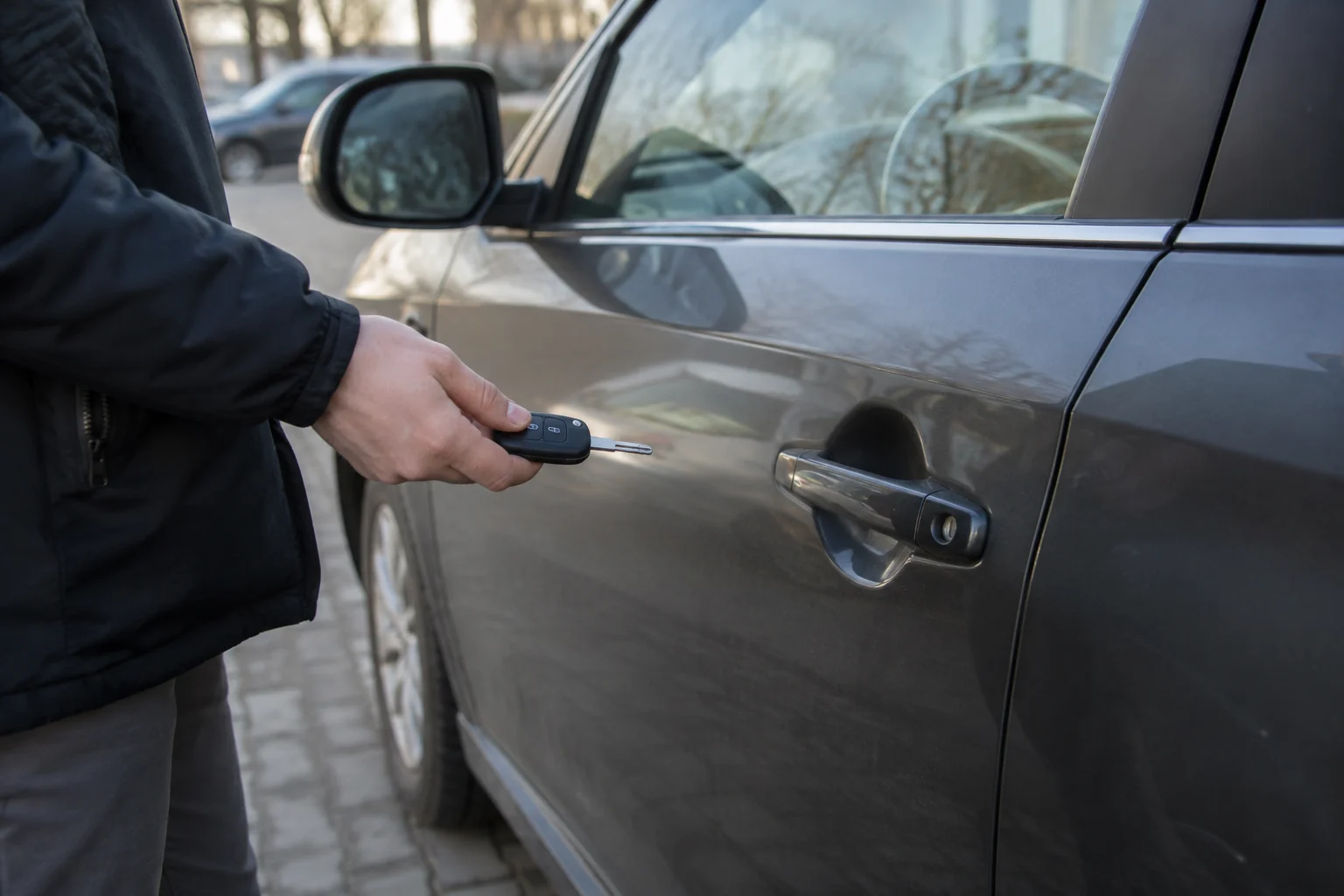 Žmogus laiko atsarginį automobilio raktą prie uždarytų vairuotojo durų.