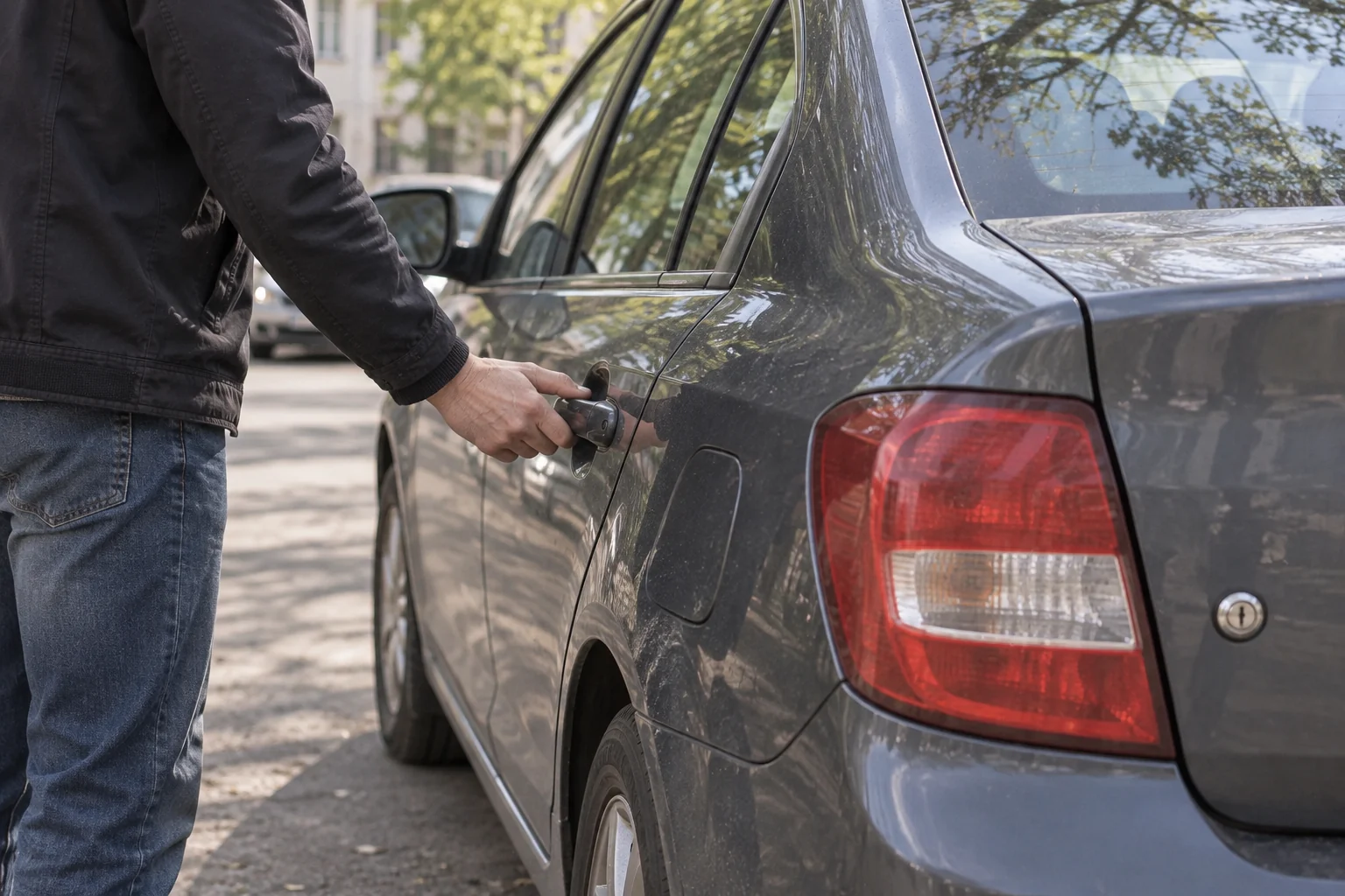 Ranka švelniai patikrina uždarytų automobilio durelių rankeną.