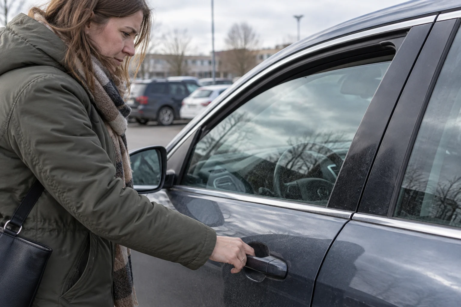 Žmogus stovėjimo aikštelėje ranka patikrina automobilio durelių rankeną.