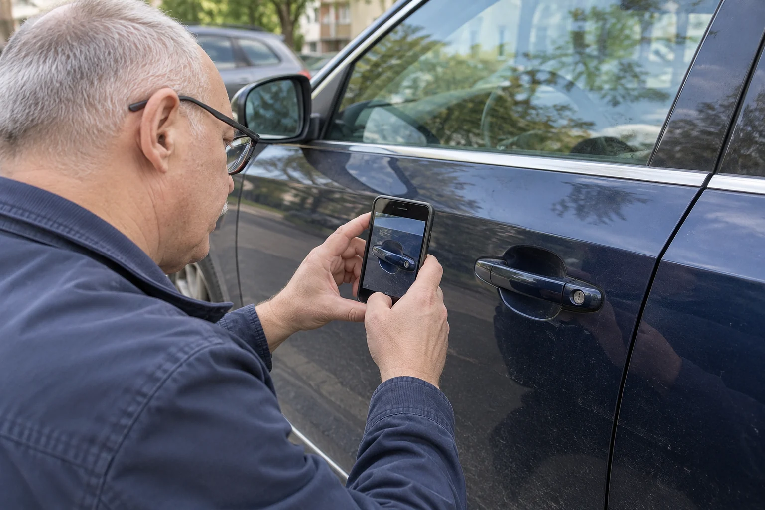 Žmogus telefonu fotografuoja uždaryto automobilio durų išorę.