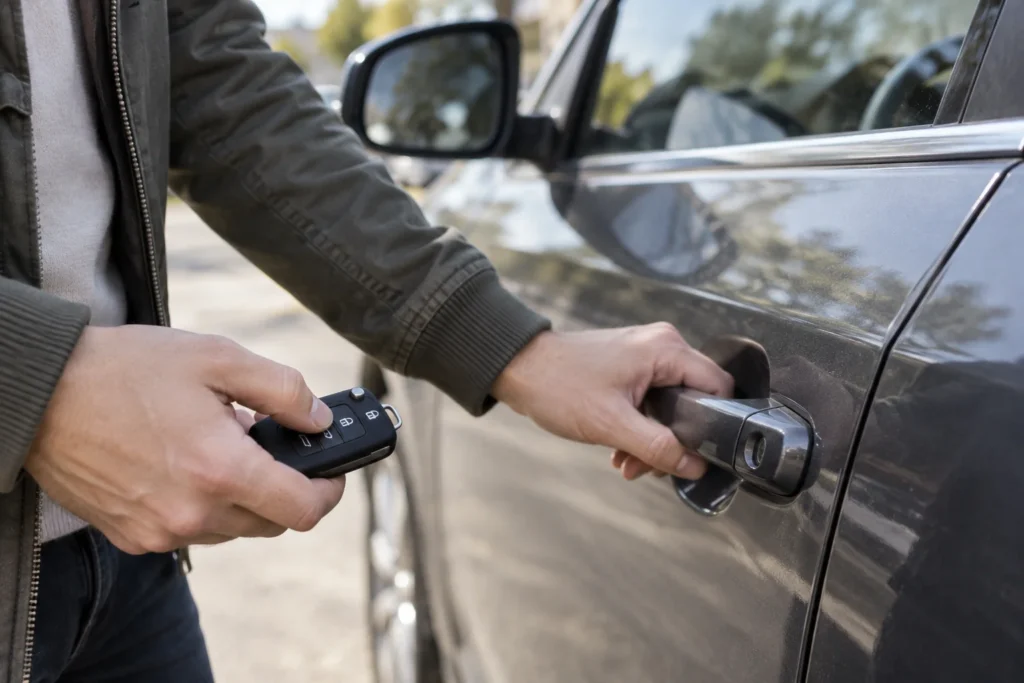 Žmogus prie automobilio tikrina durų rankeną, rankoje laikydamas nuotolinį raktą.