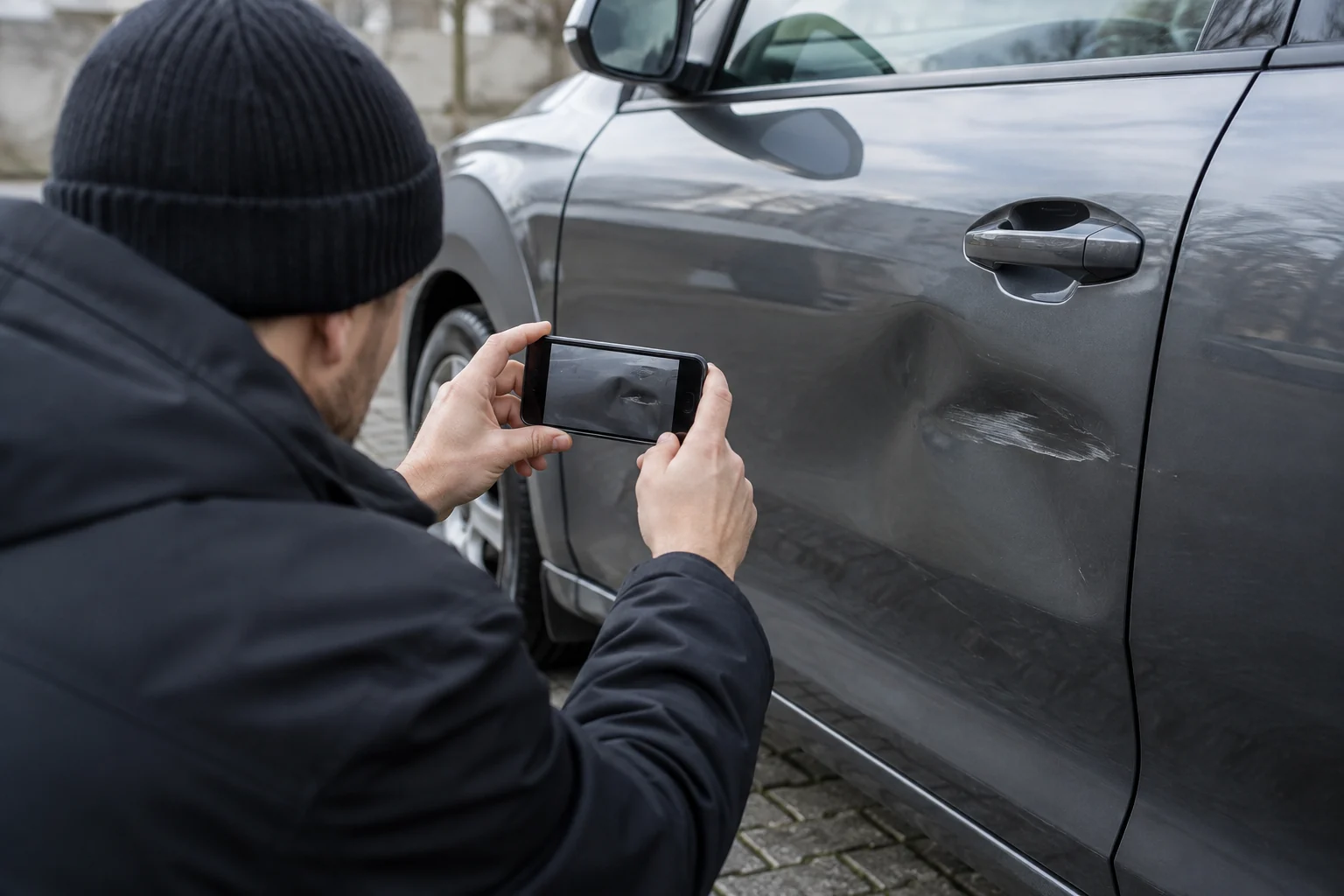 Žmogus telefonu fotografuoja matomą automobilio durų įlenkimą.