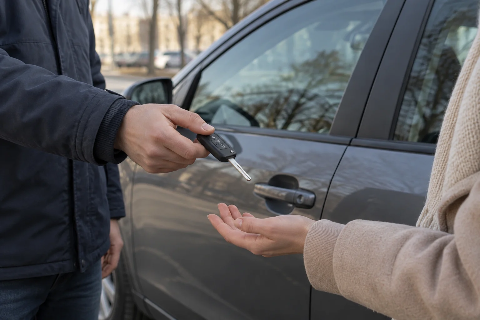 Vienas žmogus perduoda kitam automobilio raktą prie stovinčio automobilio.
