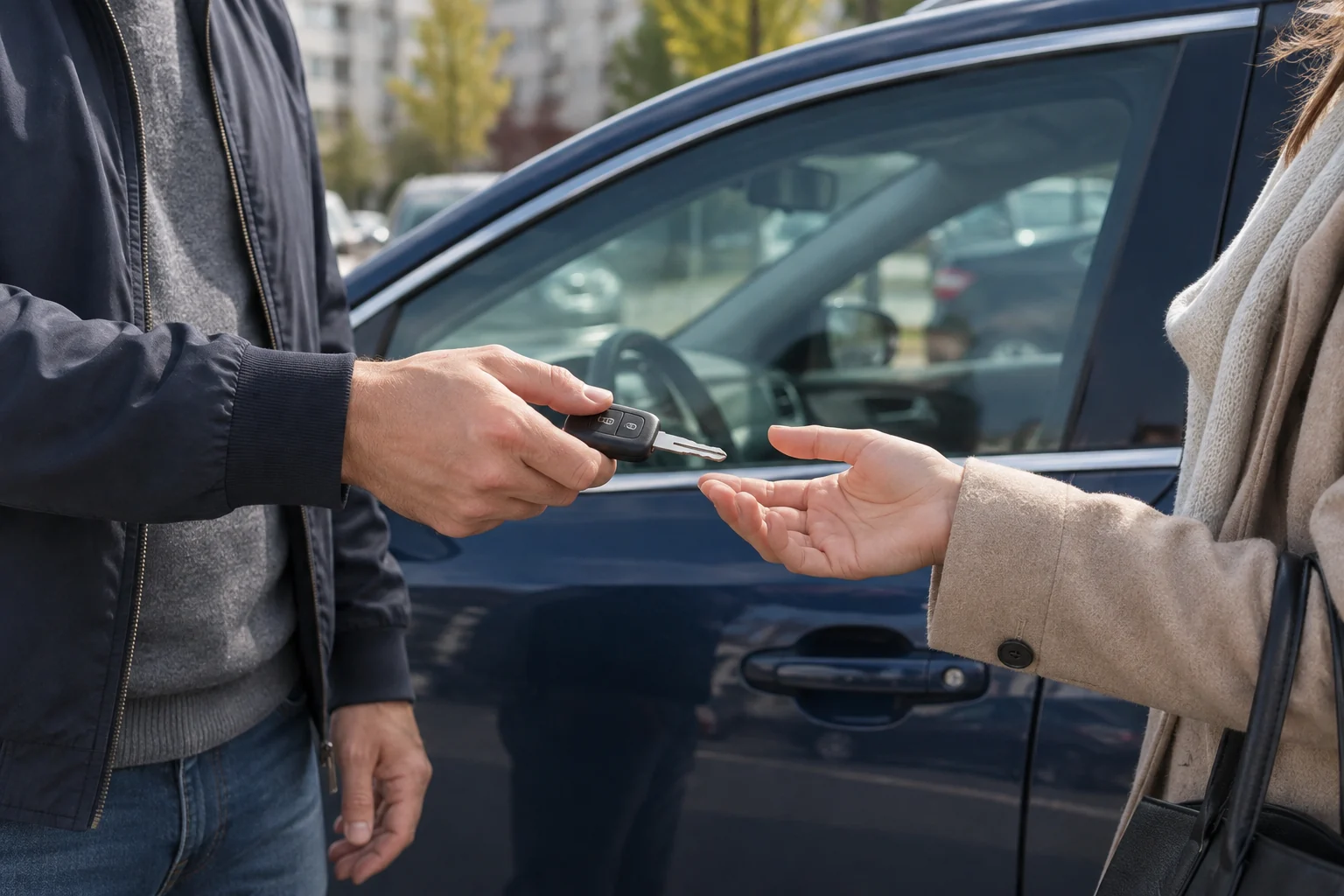 Du žmonės prie automobilio perduoda vienas kitam raktą.