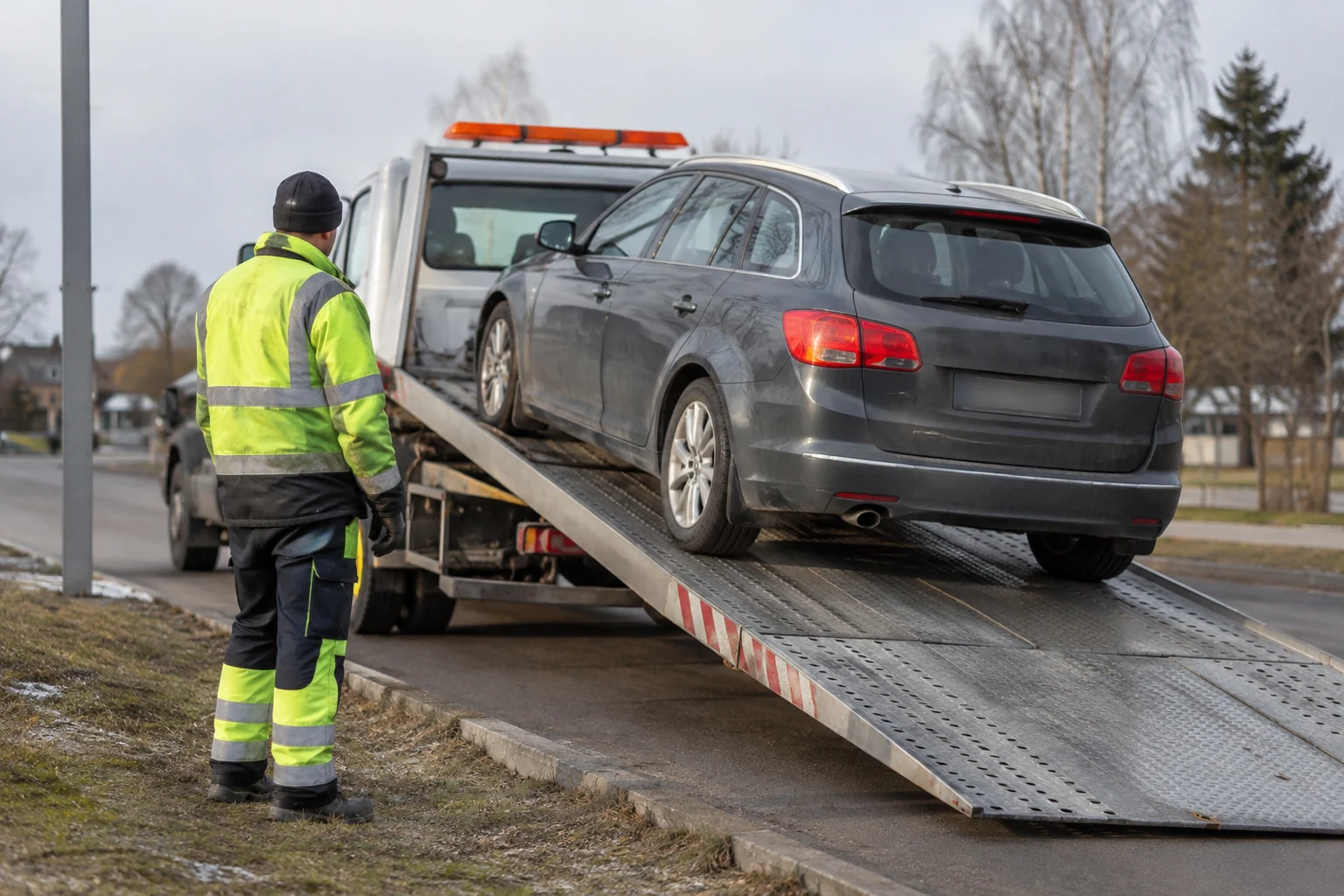 Automobilis užkeliamas ant techninės pagalbos platformos, o darbuotojas stebi krovimą.