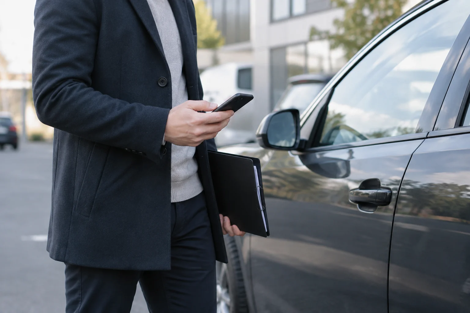 Prie automobilio stovintis žmogus laiko dokumentų aplanką ir telefoną.