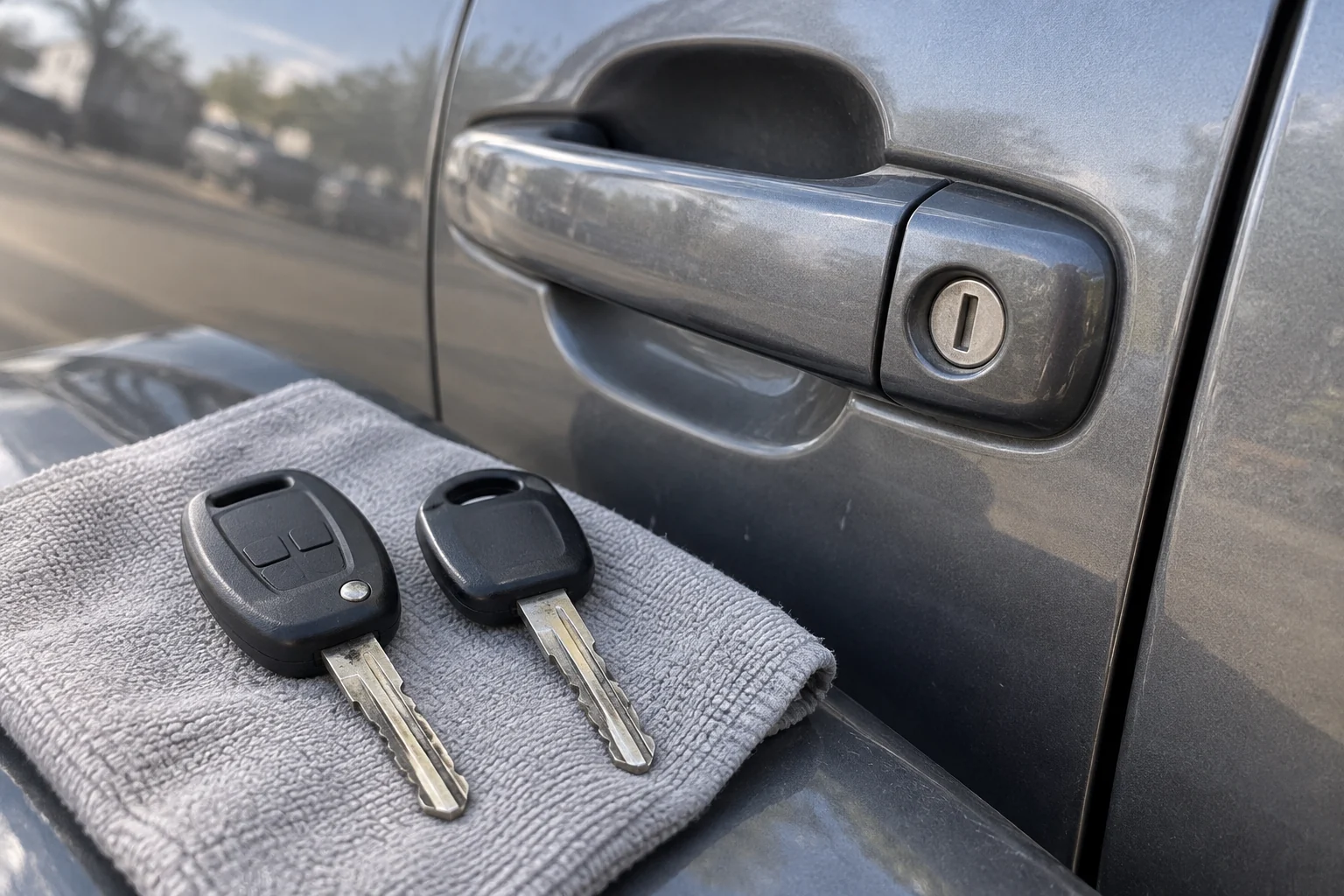Du automobilio raktai padėti greta apžiūrai prie automobilio durelių.