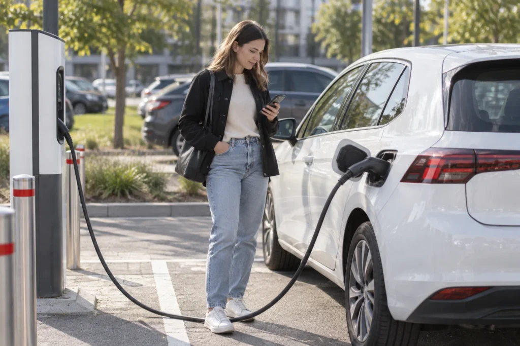 Žmogus stovi prie uždaryto, prie viešos įkrovimo stotelės prijungto elektromobilio.