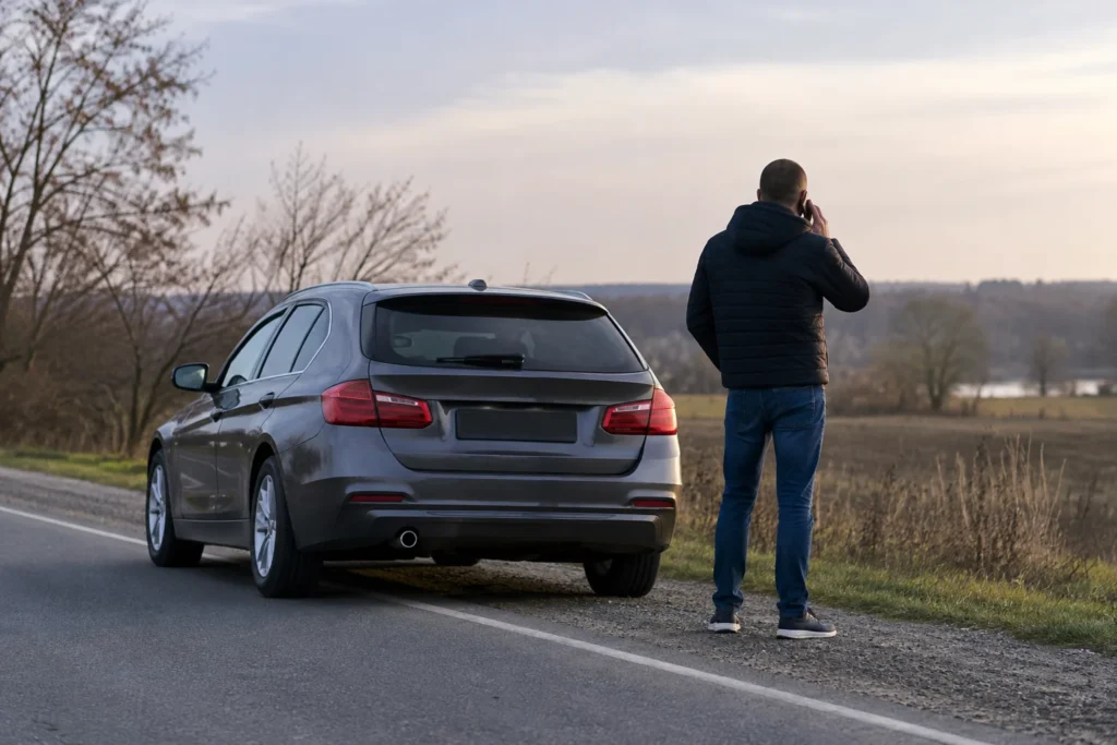Žmogus telefonu kalba stovėdamas šalia pastatyto automobilio.