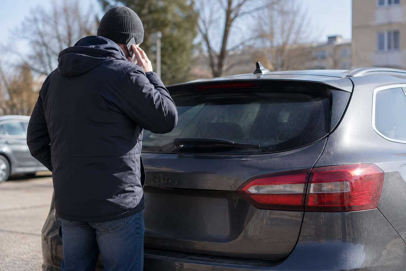 Žmogus telefonu kalba stovėdamas prie automobilio galinės dalies.