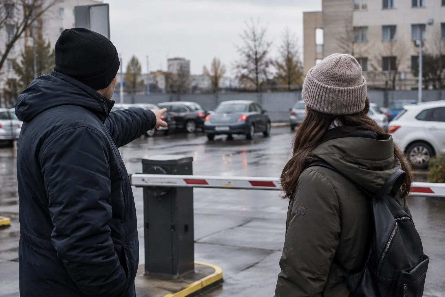 Prie aikštelės užtvaro žmogus rodo kitam kelią link viduje stovinčio automobilio.