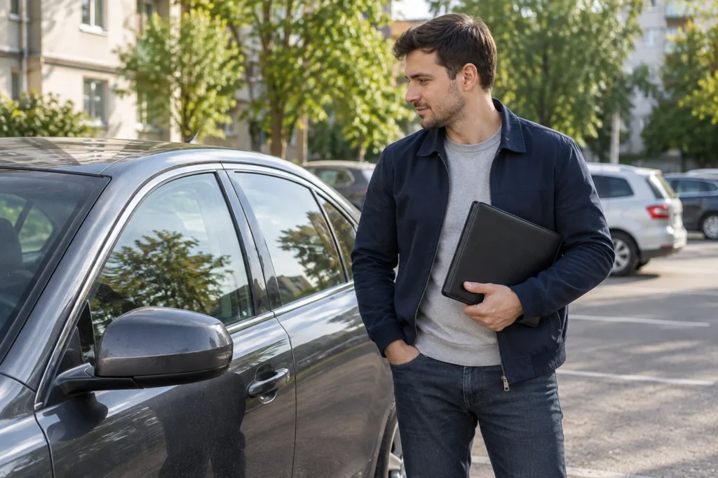 Žmogus su dokumentų aplanku stovi prie uždaryto automobilio.