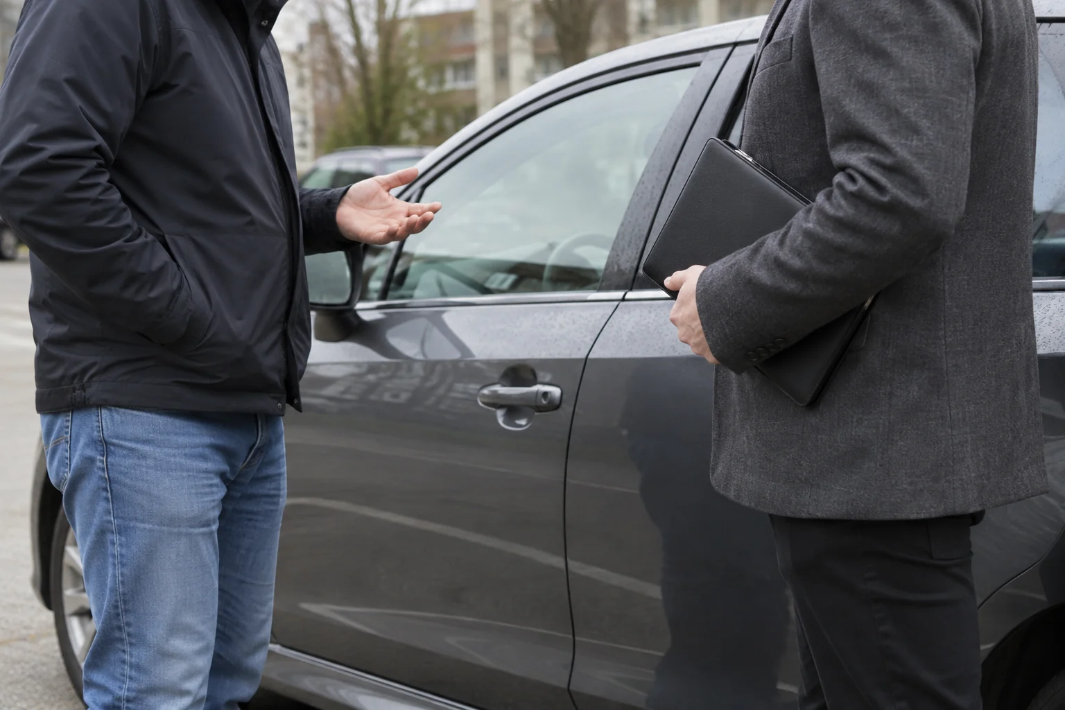 Du žmonės kalbasi prie automobilio; vienas rankoje laiko uždarą dokumentų dėklą.