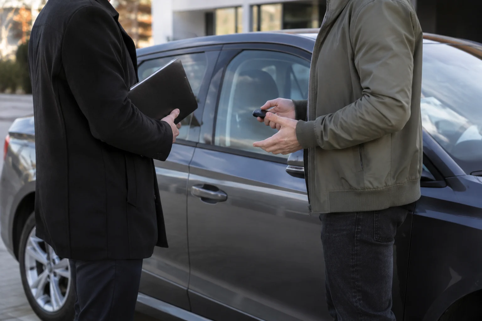 Du žmonės kalbasi prie stovinčio automobilio, vienas laiko užverstą aplanką.