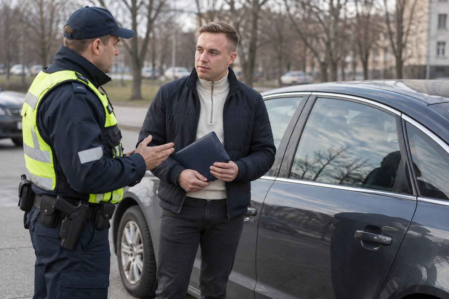 Du žmonės kalbasi prie uždaryto automobilio, vienas laiko dokumentų dėklą.
