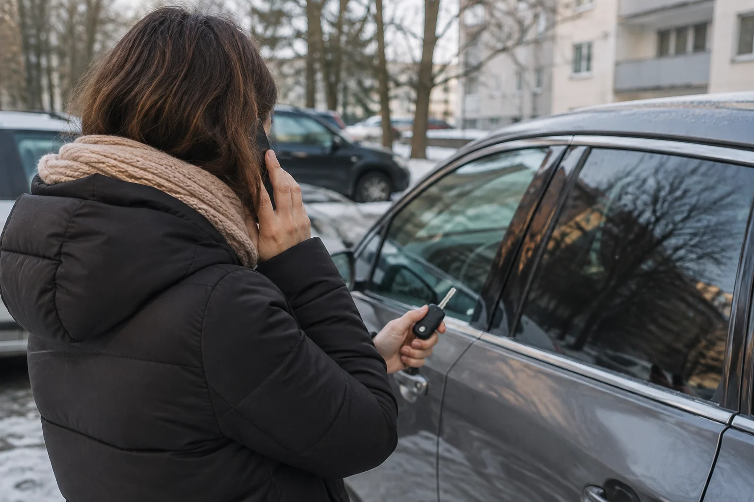 Žmogus prie pastatyto automobilio kalba telefonu, rankoje laikydamas raktą.