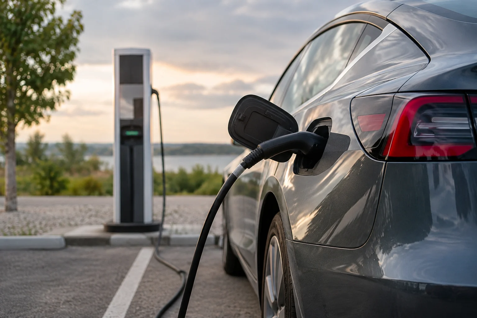 Į elektromobilį įjungtas įkrovimo laidas, fone matoma stotelė.