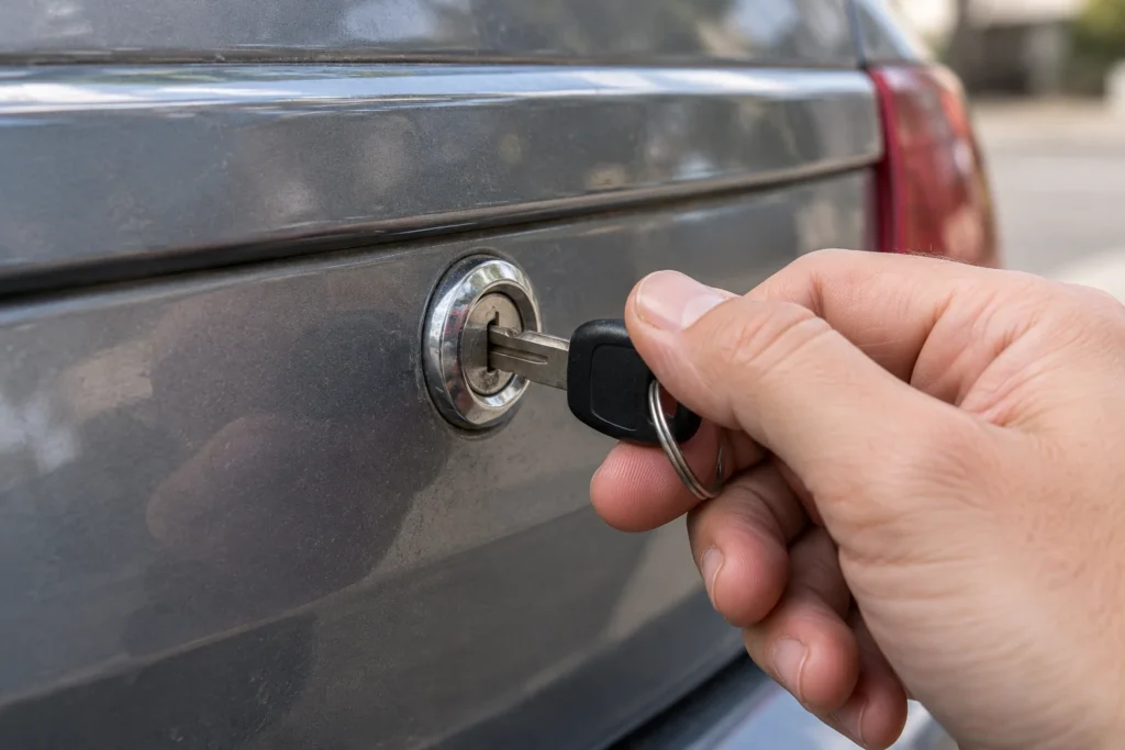 Ranka prie rakto, įkišto į išorinę automobilio bagažinės spynelę.