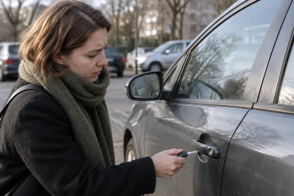 Ranka laiko automobilio raktą prie uždarytų durelių spynelės.