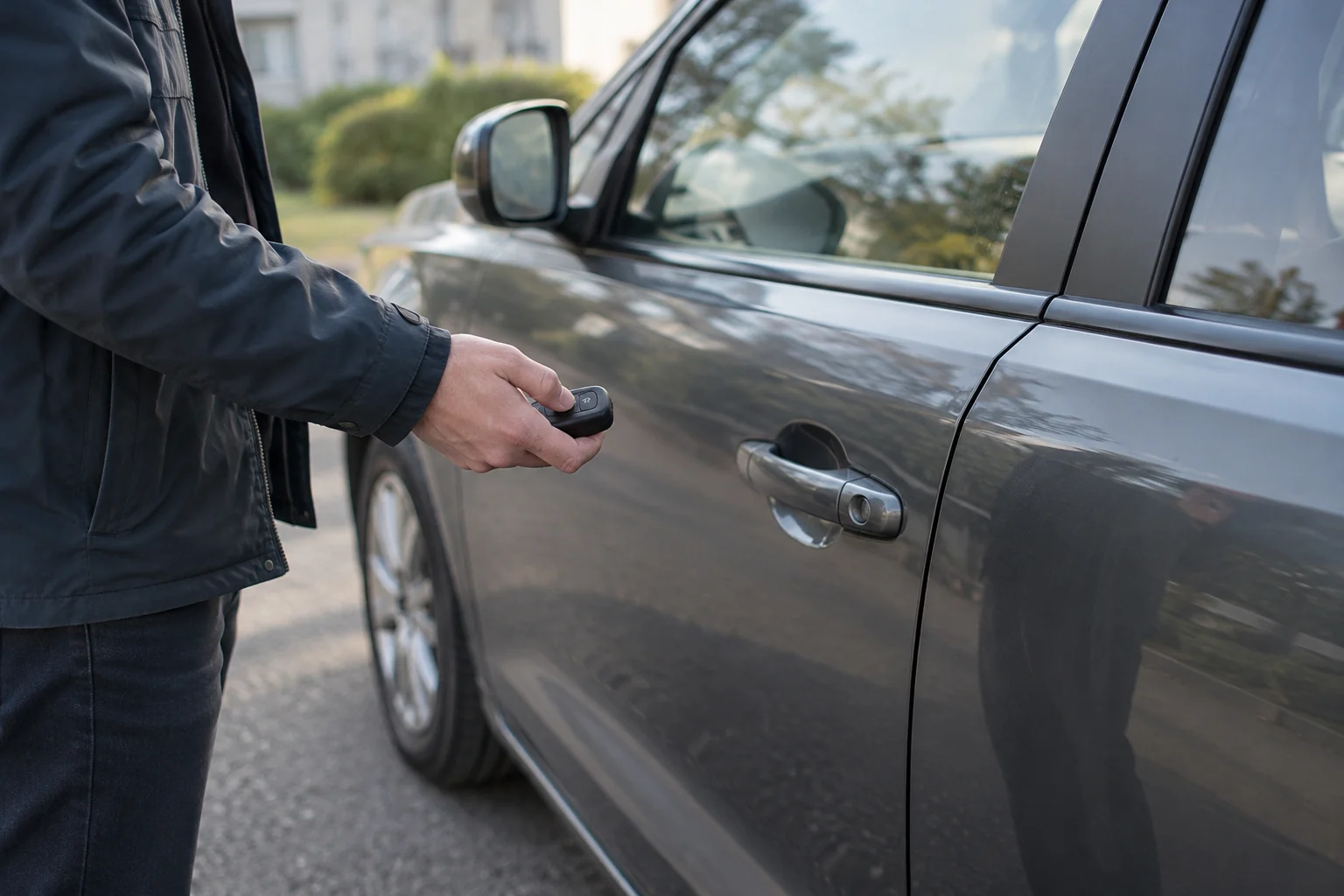 Žmogus laiko automobilio nuotolinio valdymo raktą prie uždaryto automobilio.