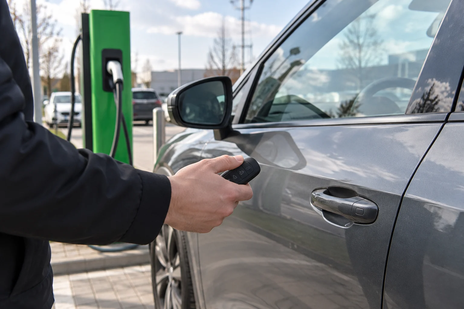 Ranka laiko automobilio raktelį šalia uždarytų durų.