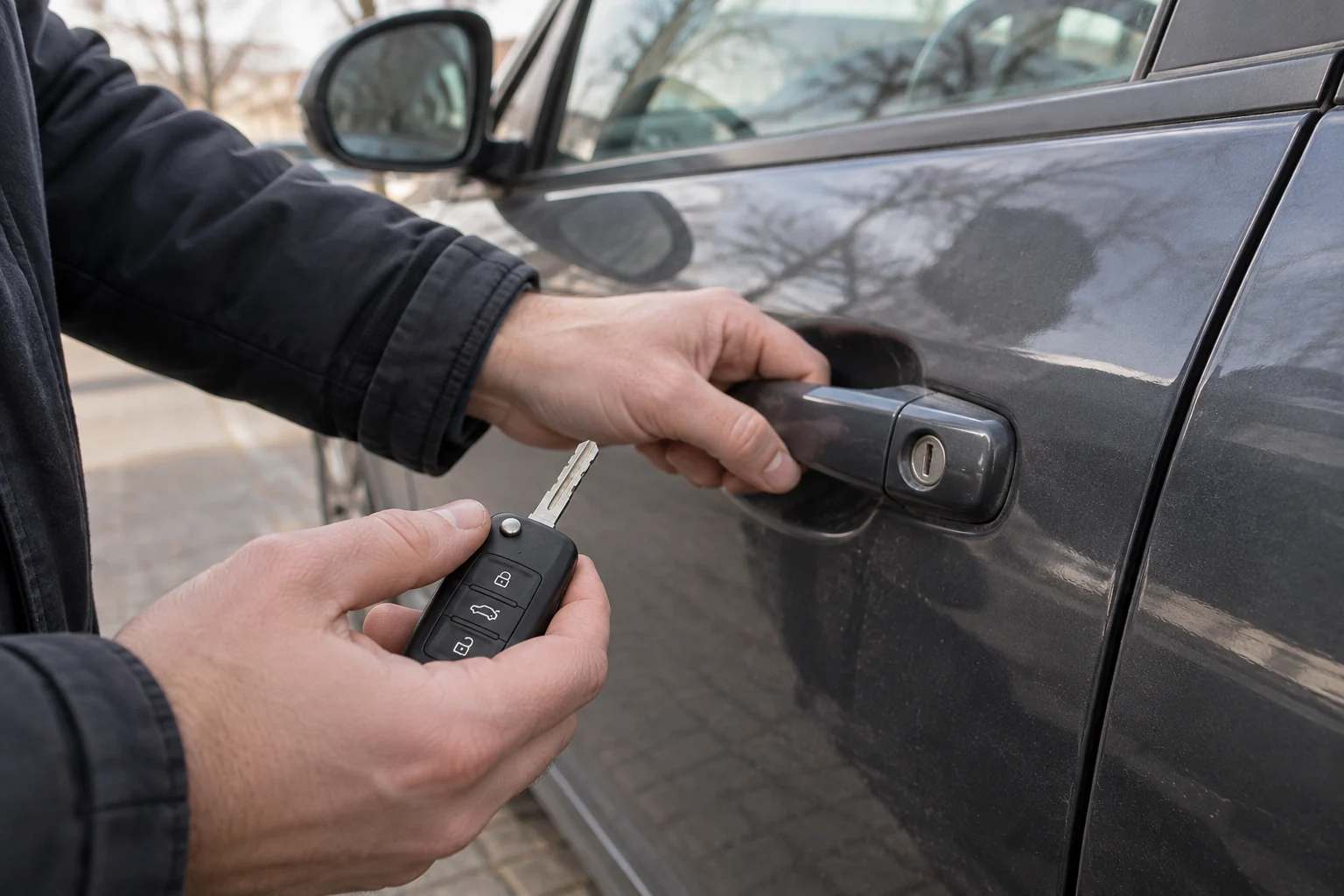 Žmogus, laikydamas automobilio raktą, patikrina durelių rankeną.