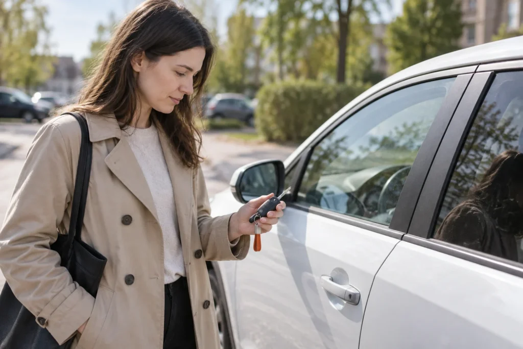Žmogus prie pastatyto automobilio rankoje laiko automobilio raktą.