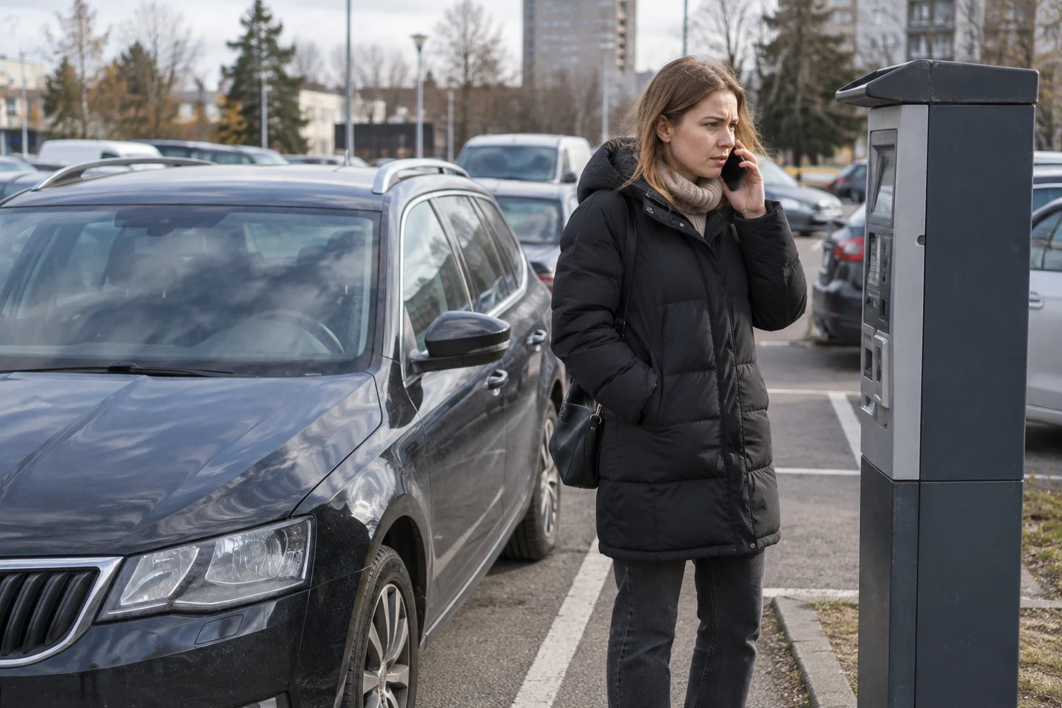 Žmogus kalba telefonu šalia automobilio ir stovėjimo aikštelės mokėjimo automato.