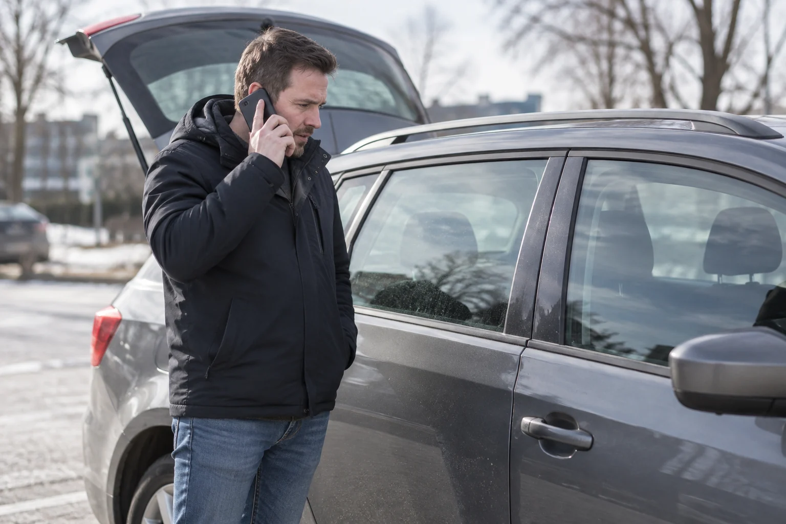 Žmogus kalba telefonu šalia uždarytų automobilio durų.