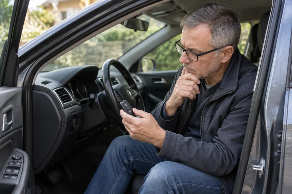 Vairuotojas sėdi stovinčiame automobilyje atviromis durimis ir apžiūri automobilio raktelį.