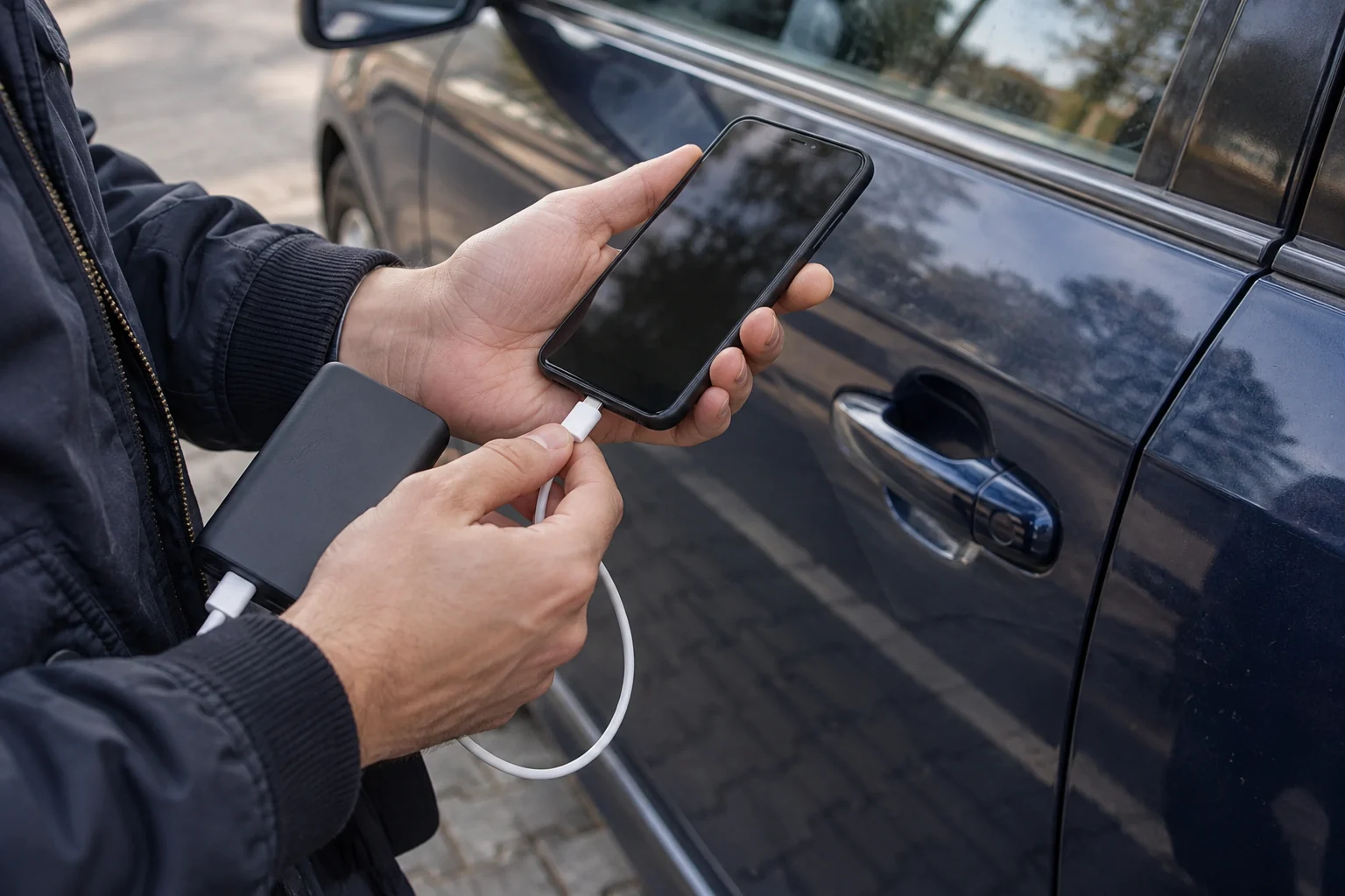 Rankos prijungia telefoną prie nešiojamojo įkroviklio šalia automobilio.