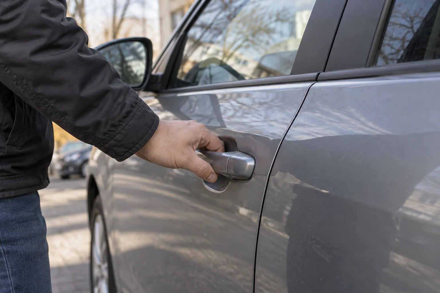 Žmogus be jėgos patikrina uždarytų automobilio durų rankeną.