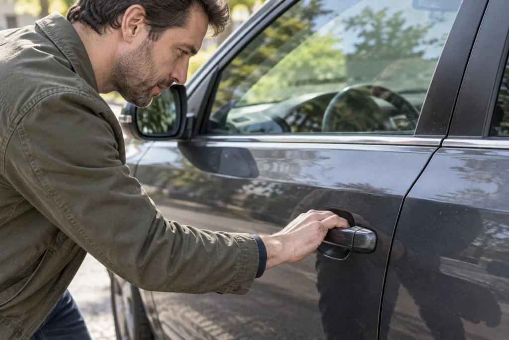Žmogus tikrina uždaryto automobilio durų rankeną.