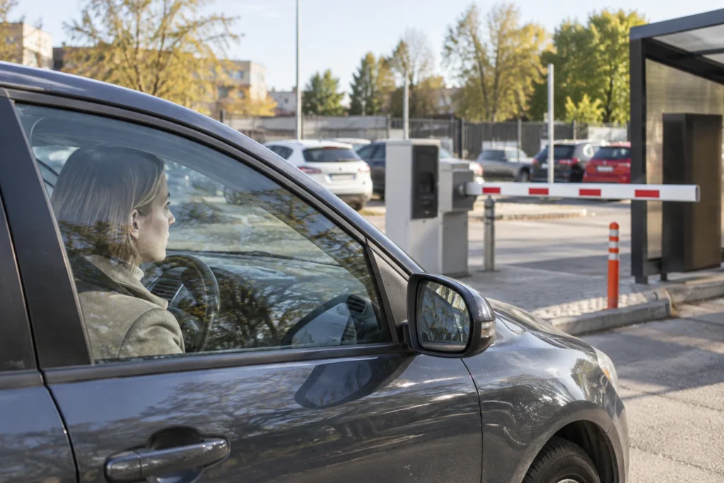 Vairuotoja žvelgia pro uždaryto automobilio langą stovėjimo aikštelėje.