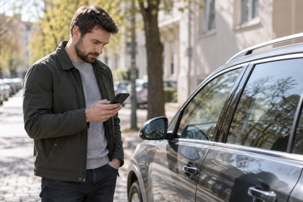 Prie pastatyto automobilio stovintis žmogus žiūri į telefoną.