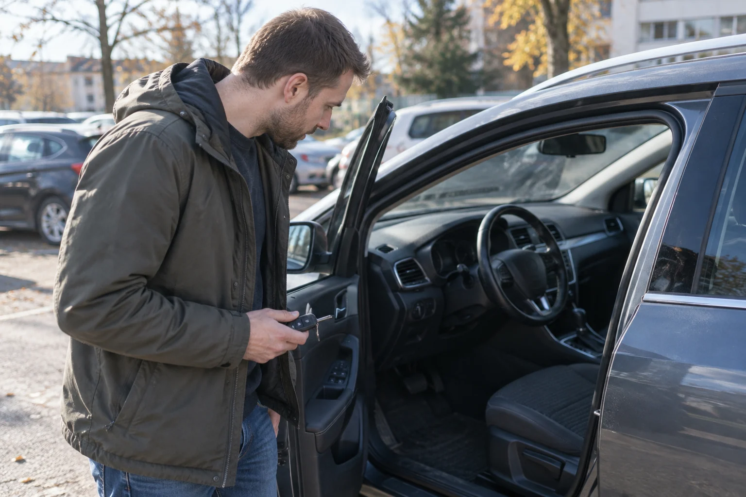 Vairuotojas prie atidaryto automobilio laiko raktelį ir apžiūri saloną.