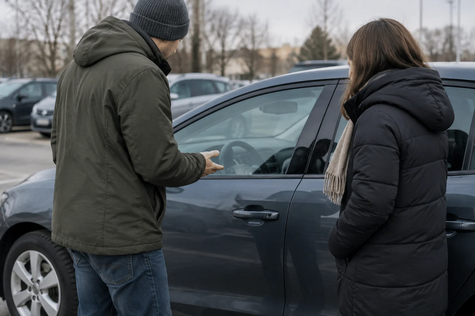 Du žmonės prie automobilio aptaria uždarytas vairuotojo duris.