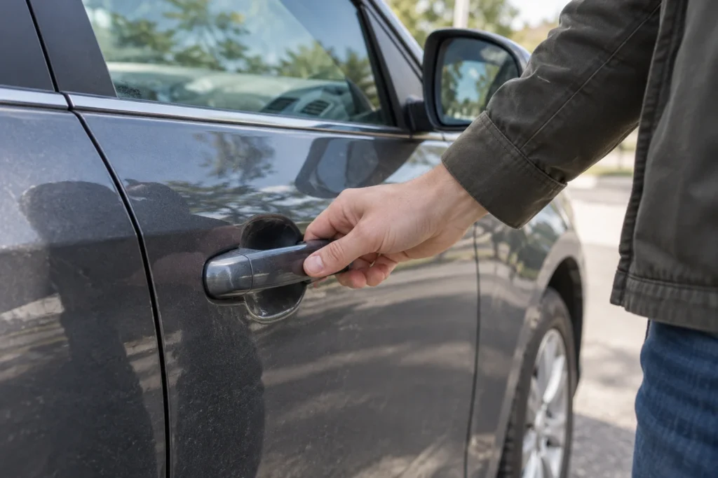 Žmogus tikrina stovinčio automobilio vairuotojo durų rankeną.