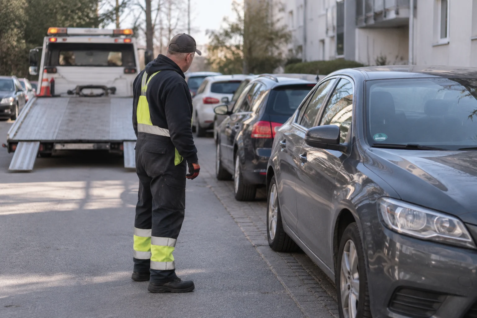Vežėjas apžiūri privažiavimą prie pastatyto automobilio.