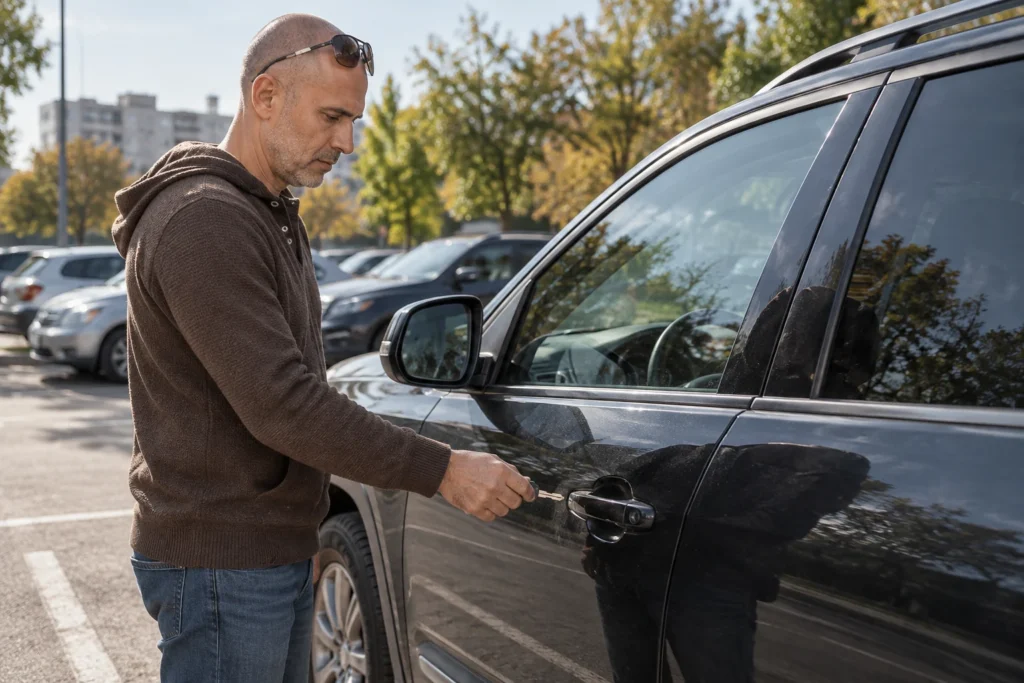 Žmogus kalba telefonu stovėdamas prie uždarytų automobilio durelių.